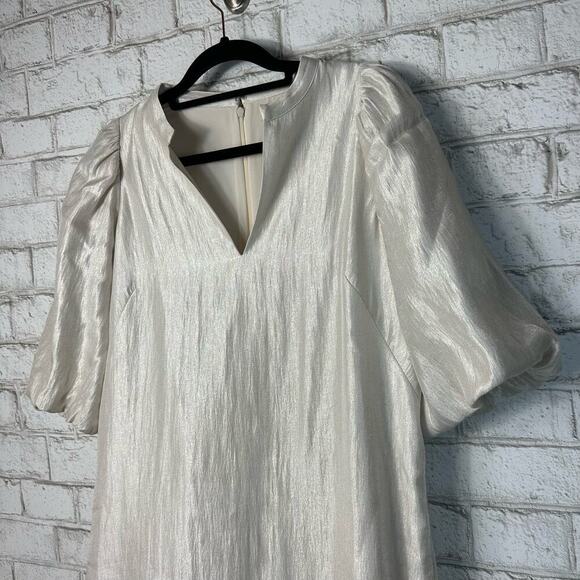 Ann Taylor Dress Shimmer Puff Sleeve Mini Sheath White Silver NEW NWT 2 T Tall - Picture 6 of 8